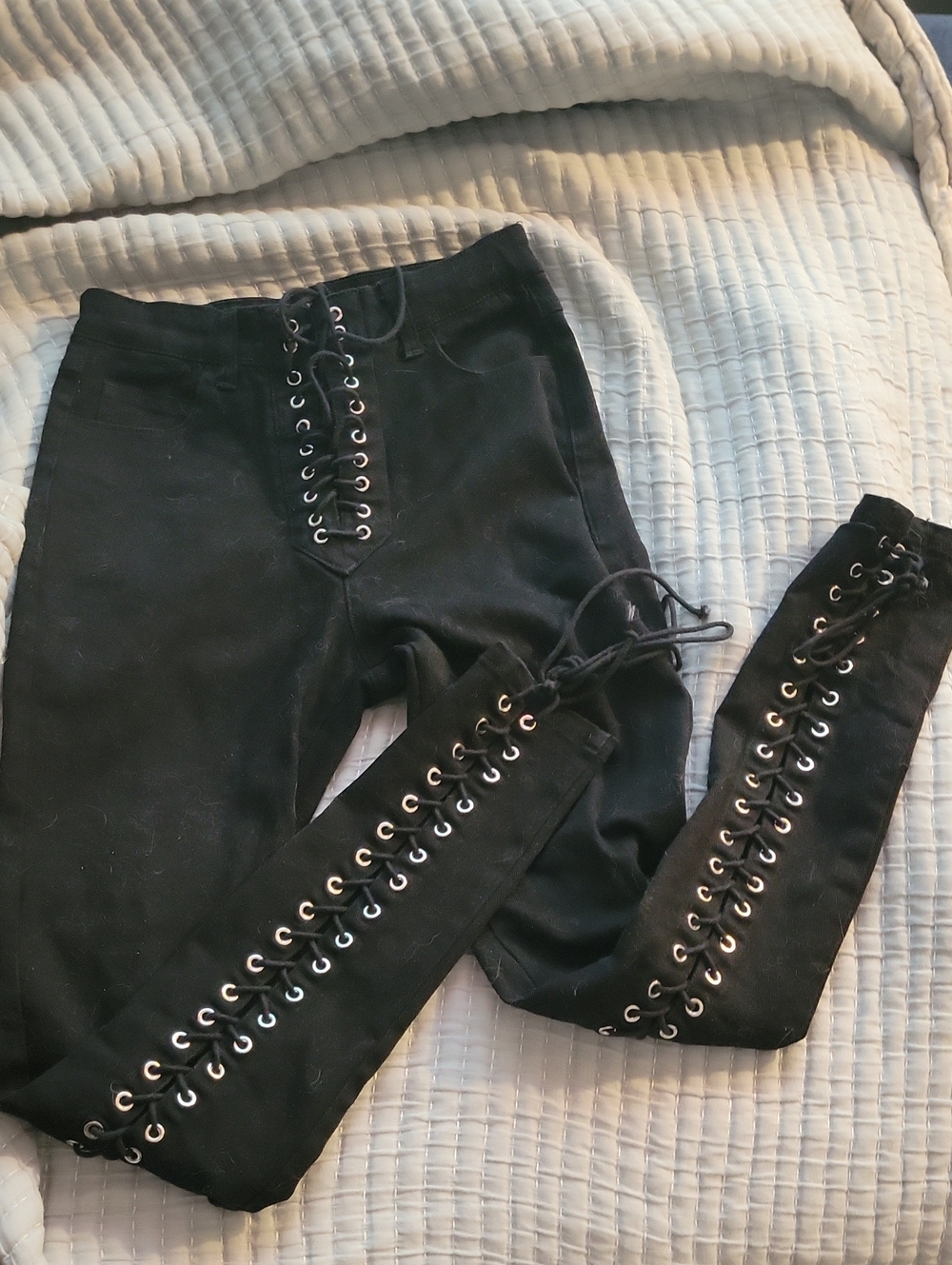 Black Lace-Up Women's Jeans - High Waist Jeans Size Small